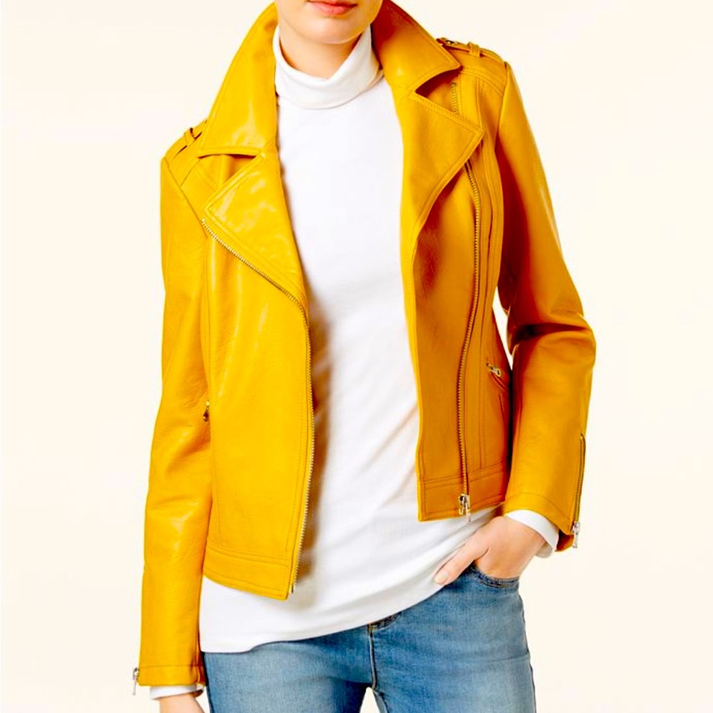 Yellow faux leather motorcycle INC jacket Size S.